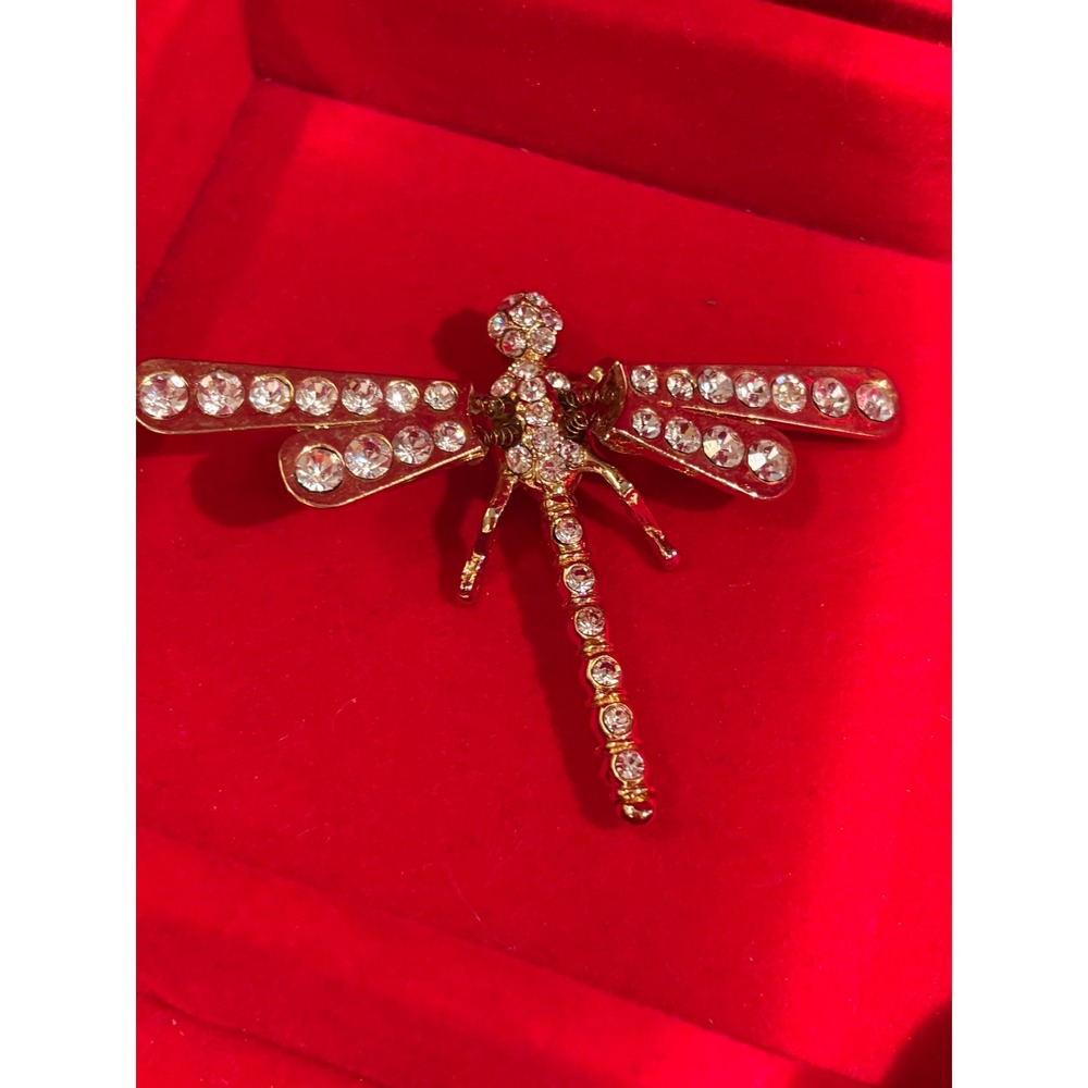 Gold Tone Rhinestone Dragonfly Brooch Vintage Style Insect Pin Crystal Jewelry - Picture 3 of 5